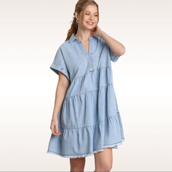 Umgee Ruffle Tiered Denim Dress with Frayed Hem NWT - Picture 3 of 6